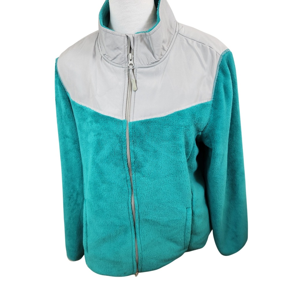 Danskin Women's Teal Gray Color Block Fleece Zip Up Jacket Size Large Athleisure